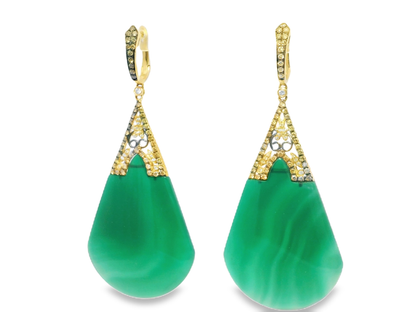 0.80CT Diamond with Green Agate Earrings 14k Yellow Gold