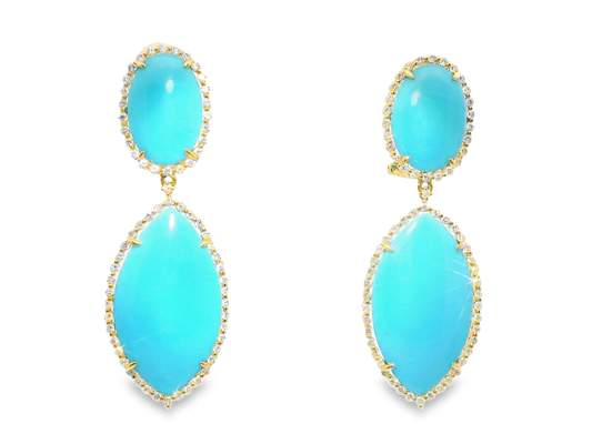 1.18CT Diamond with Turquoise Stone Earrings 14k Yellow Gold
