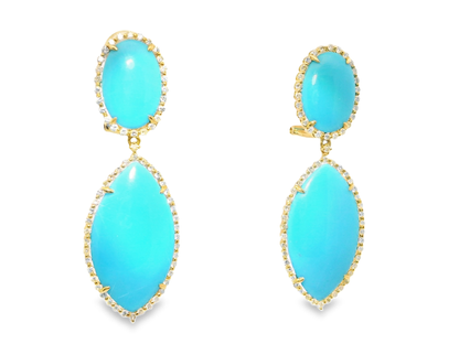 1.18CT Diamond with Turquoise Stone Earrings 14k Yellow Gold