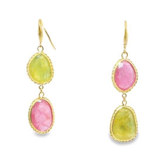 Pink and Green Sapphire 14k Yellow Gold Earring