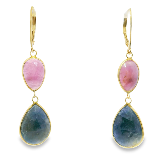 Pink and Blue Sapphire 14k Yellow Gold Earring