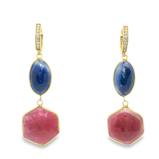 0.20CT Diamond with Pink and Blue Sapphire 14k Yellow Gold Earring
