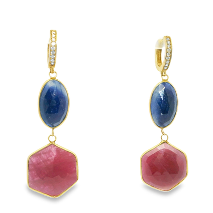 0.20CT Diamond with Pink and Blue Sapphire 14k Yellow Gold Earring