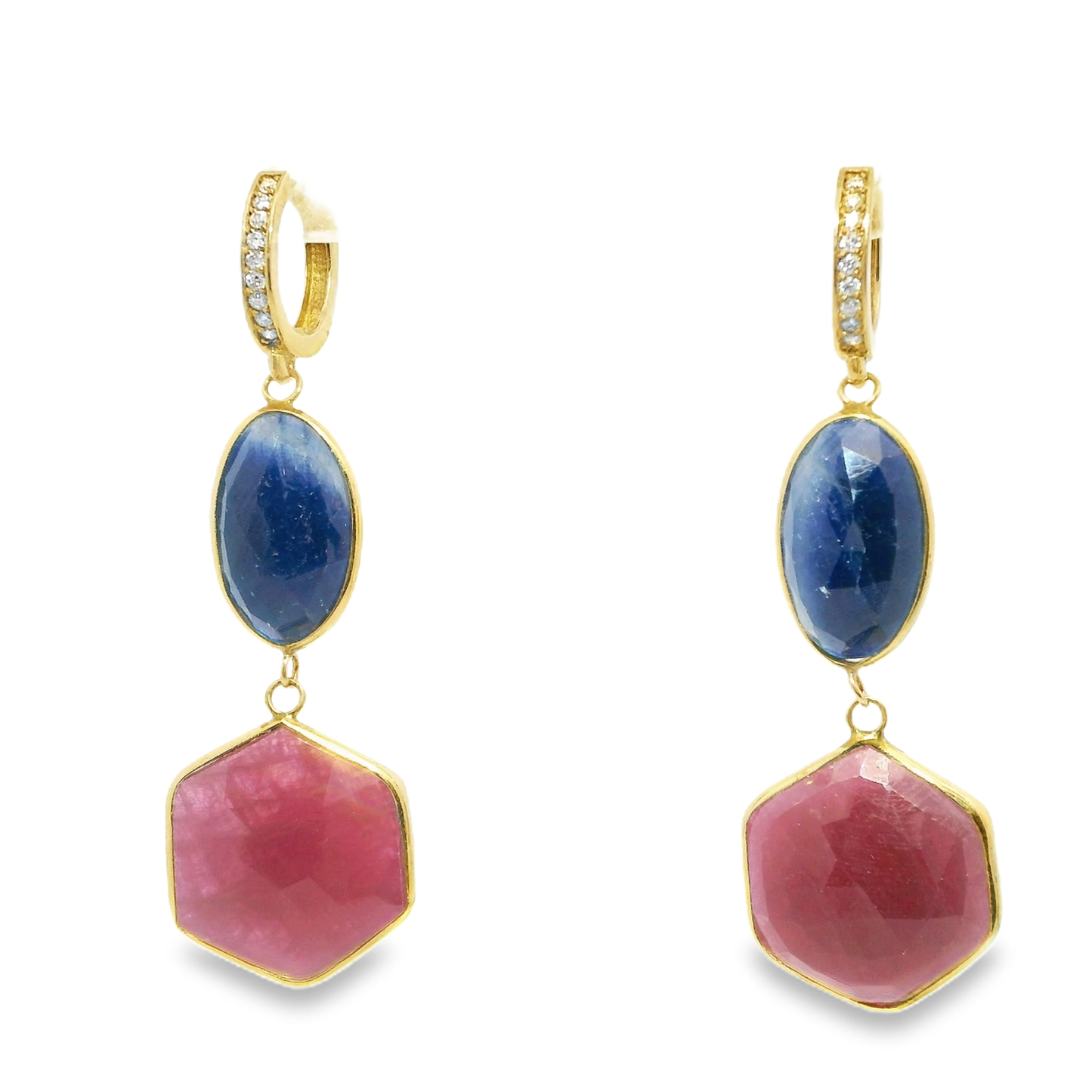 0.20CT Diamond with Pink and Blue Sapphire 14k Yellow Gold Earring
