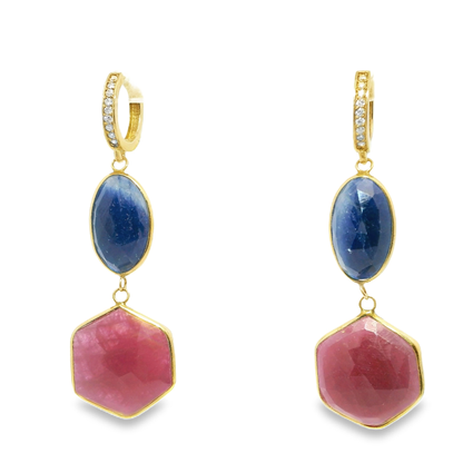 0.20CT Diamond with Pink and Blue Sapphire 14k Yellow Gold Earring