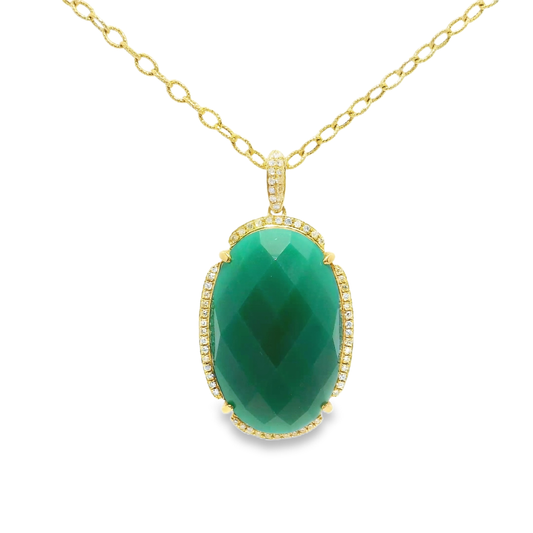0.28CT Diamond With Green Agate 14k Yellow Gold Pendant