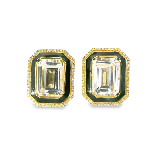 0.22CT Diamond with Black Enamel with White Topaz 14k Yellow Gold Earring