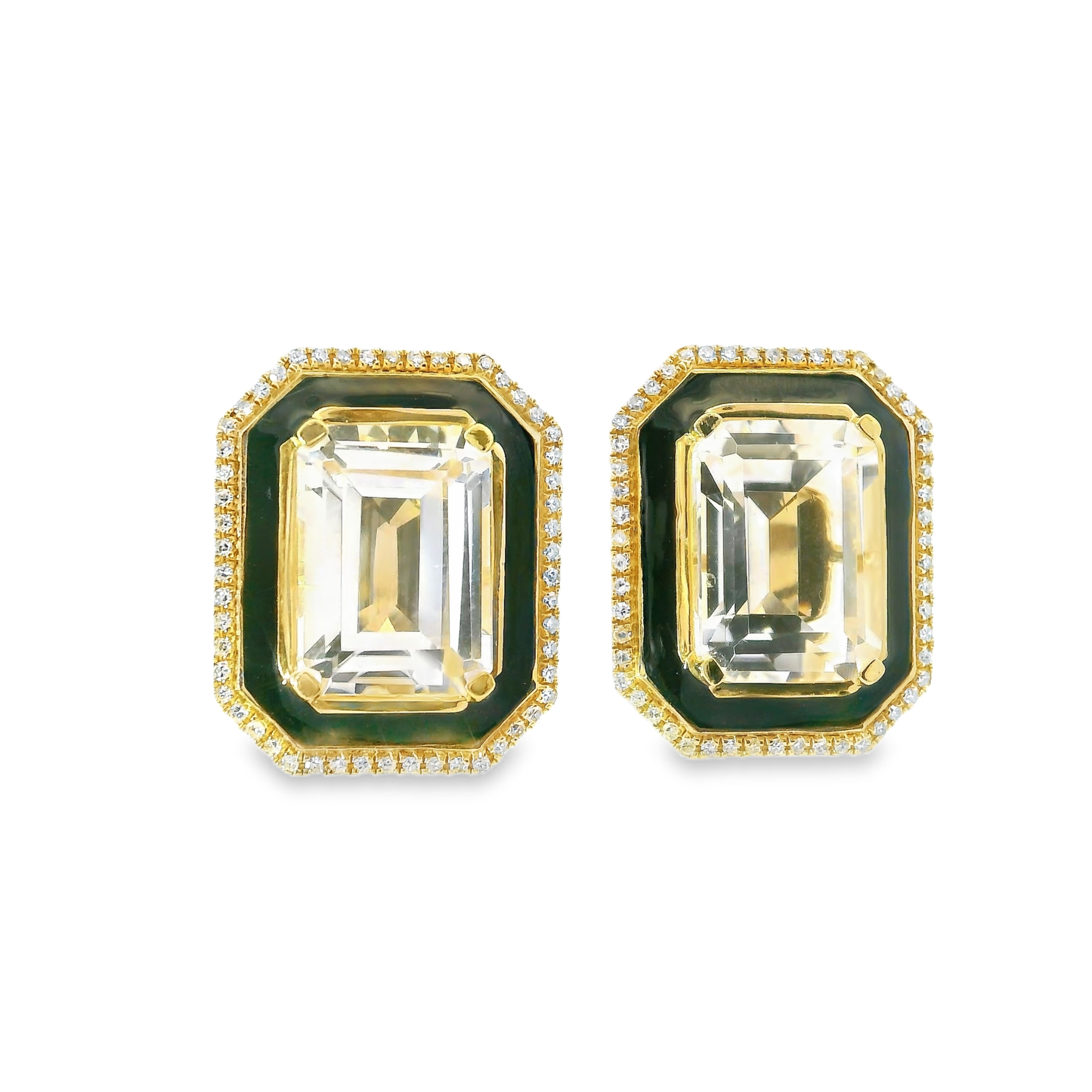 0.22CT Diamond with Black Enamel with White Topaz 14k Yellow Gold Earring