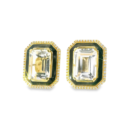 0.22CT Diamond with Black Enamel with White Topaz 14k Yellow Gold Earring