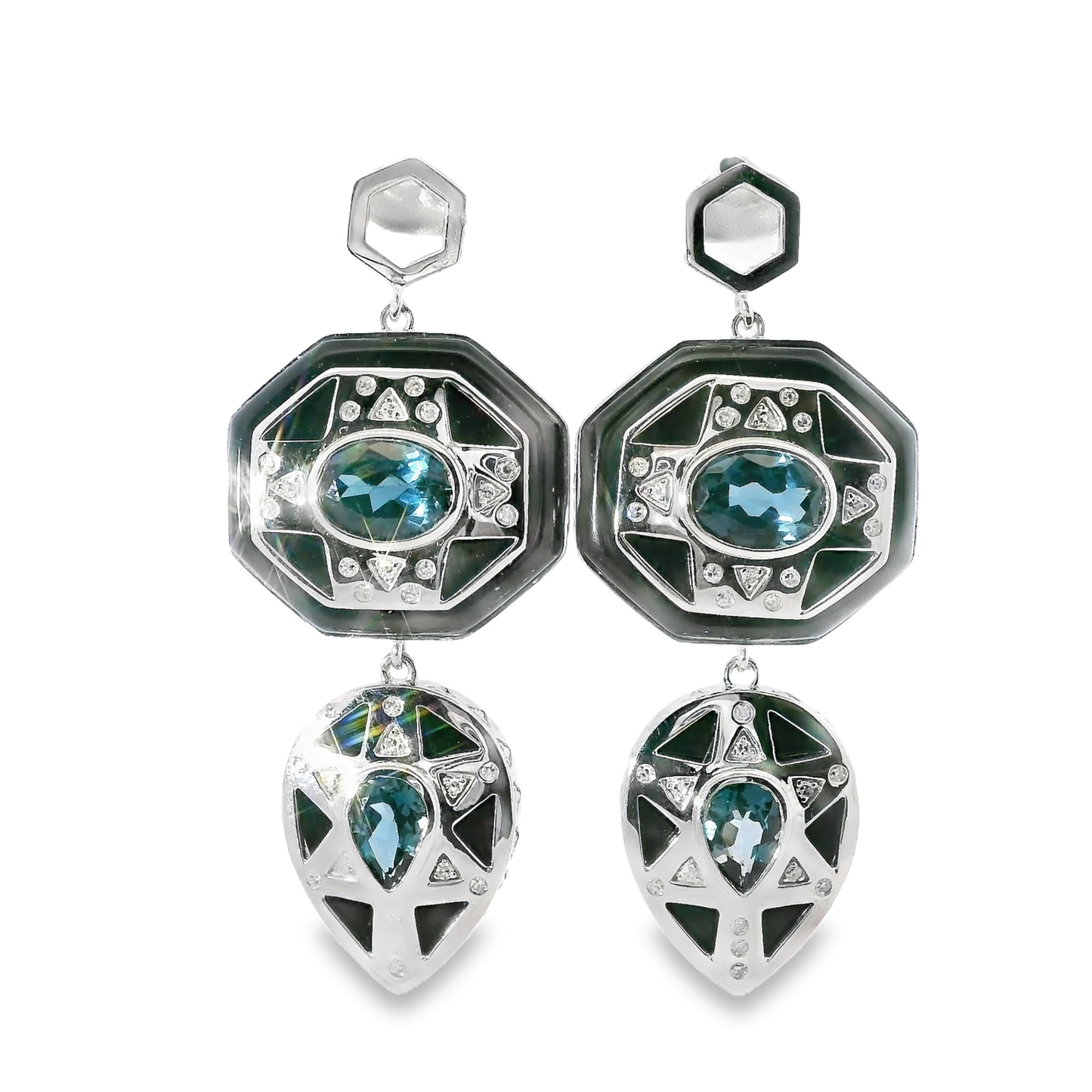 0.18CT Diamond with Black Agate 14k White Gold Earring