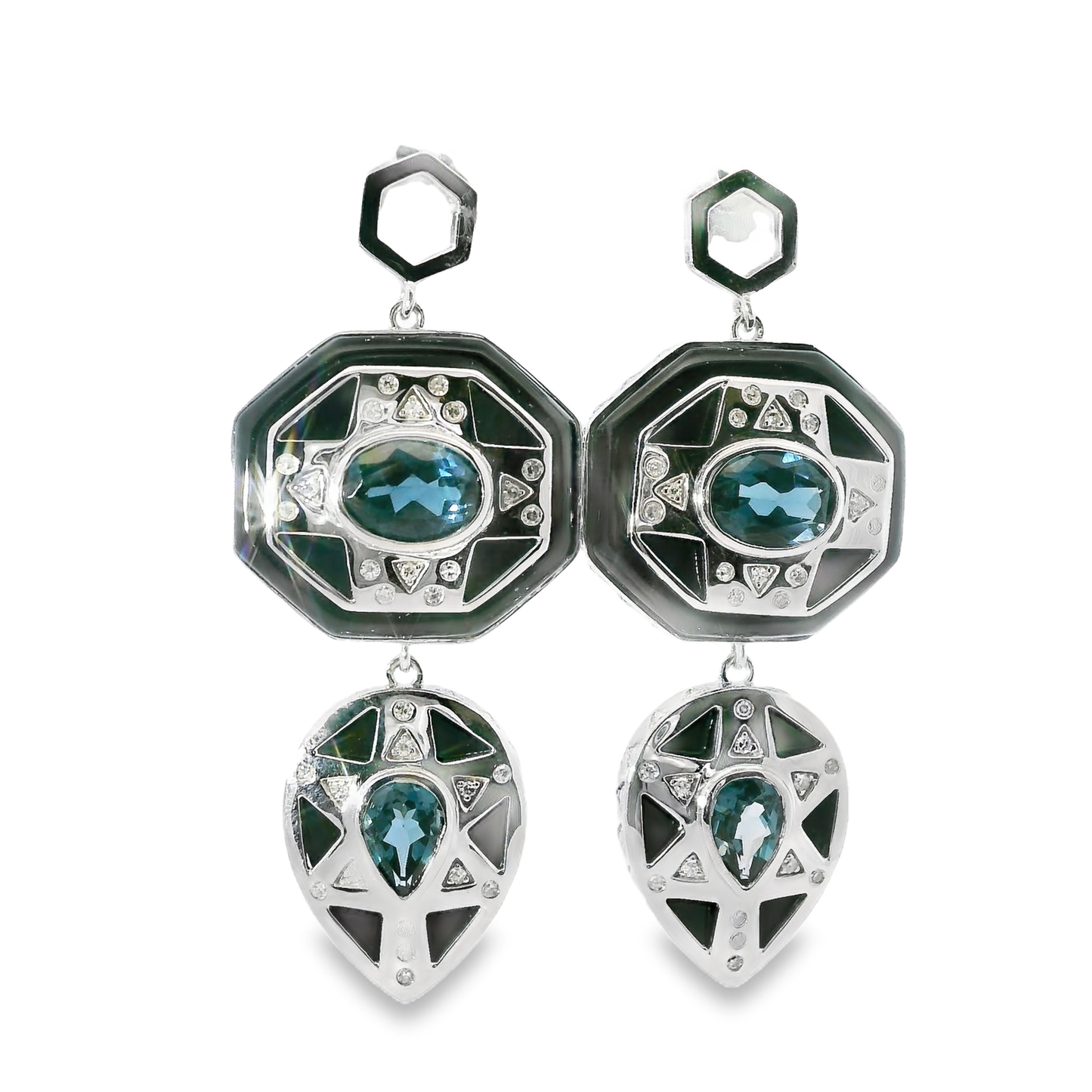 0.18CT Diamond with Black Agate 14k White Gold Earring