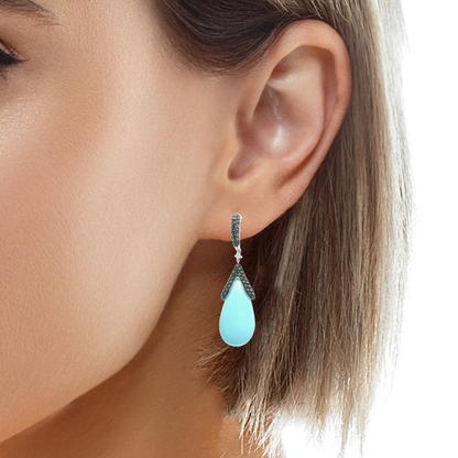 0.05CT Black Diamond with Turquoise  14k White Gold Earring