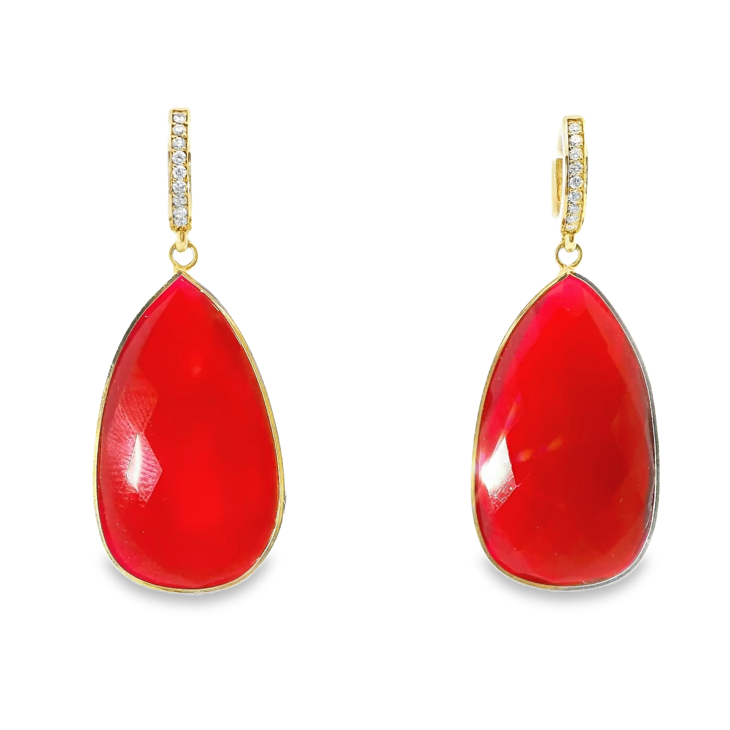 0.15CT Diamond with Red Calcedony 14k Yellow Gold Earring