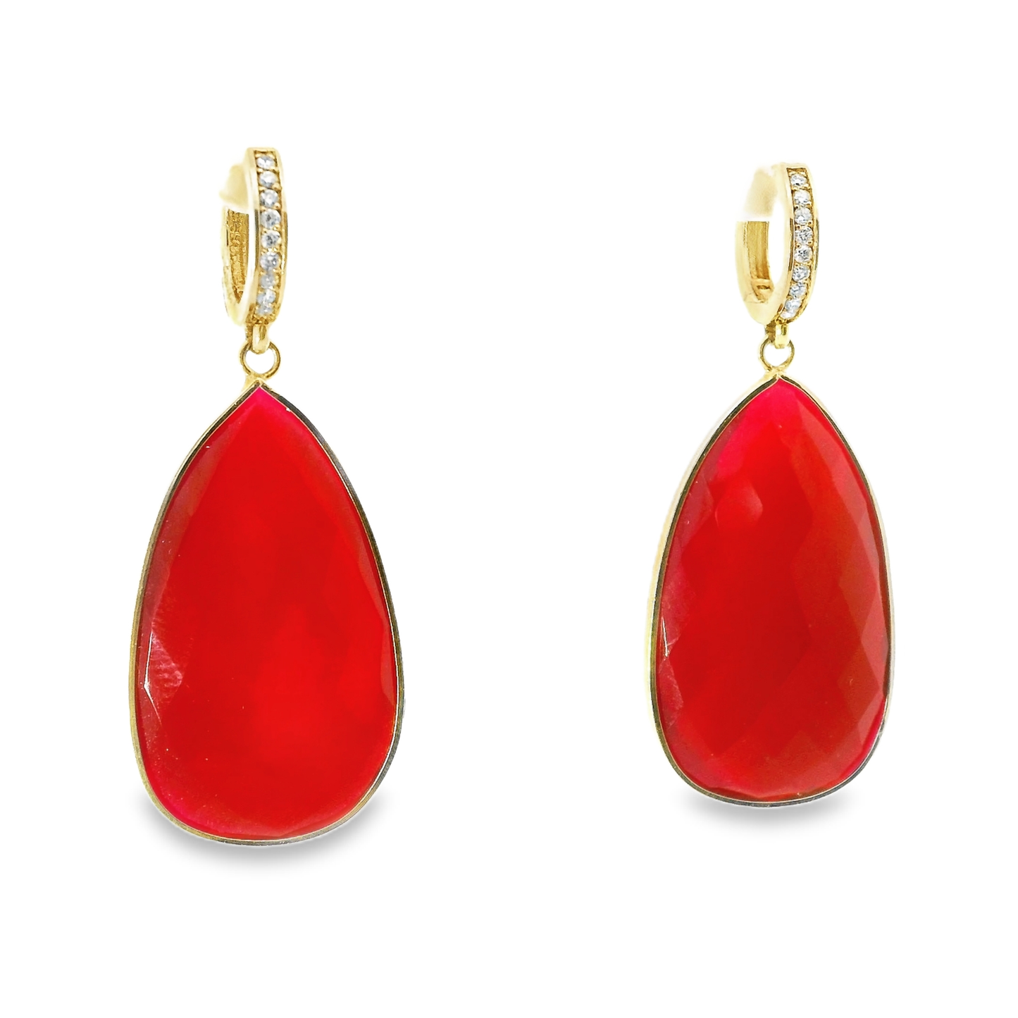 0.15CT Diamond with Red Calcedony 14k Yellow Gold Earring