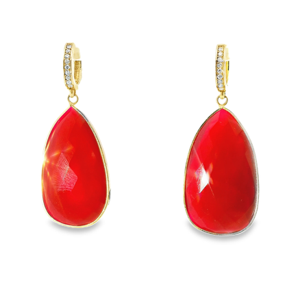 0.15CT Diamond with Red Calcedony 14k Yellow Gold Earring