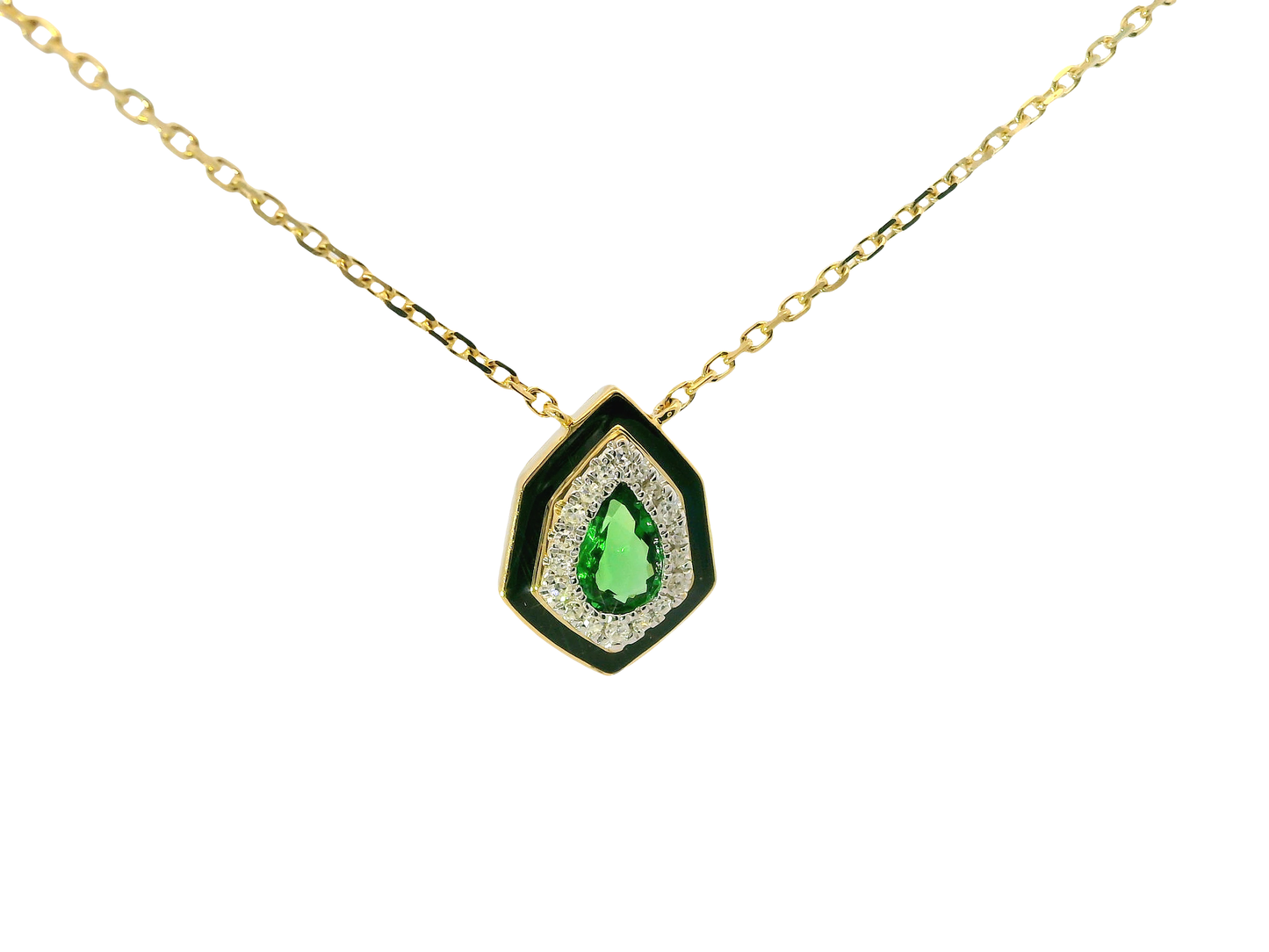 0.08Ct Diamond with Dark Green Garnet 14k Yellow Gold Pendant