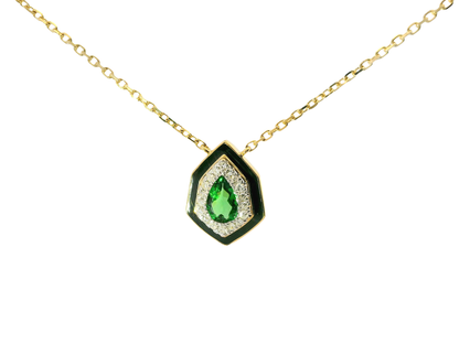 0.08Ct Diamond with Dark Green Garnet 14k Yellow Gold Pendant