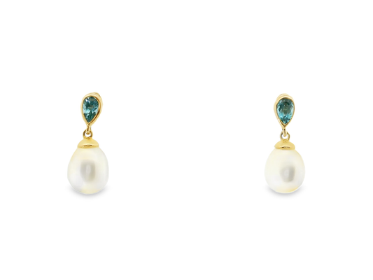 0.55CT Blue Topaz  14k Yellow Gold Pearl Earring