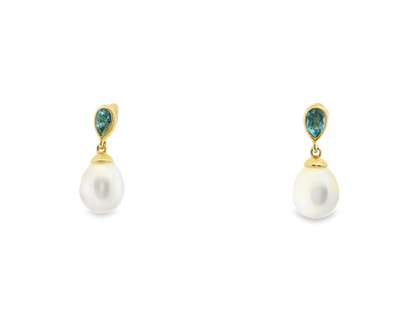 0.55CT Blue Topaz  14k Yellow Gold Pearl Earring