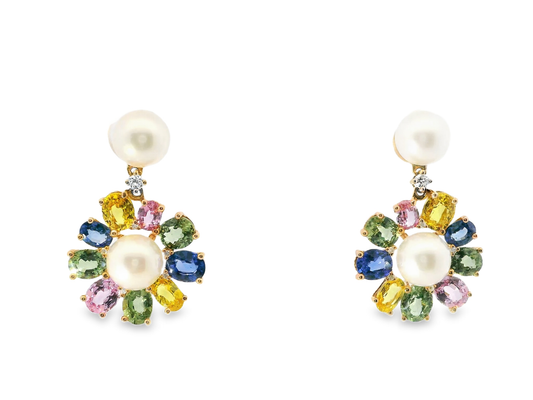0.09CT Diamond 7.45CT Multi Sapphire 14k Rose Gold Pearl Earring