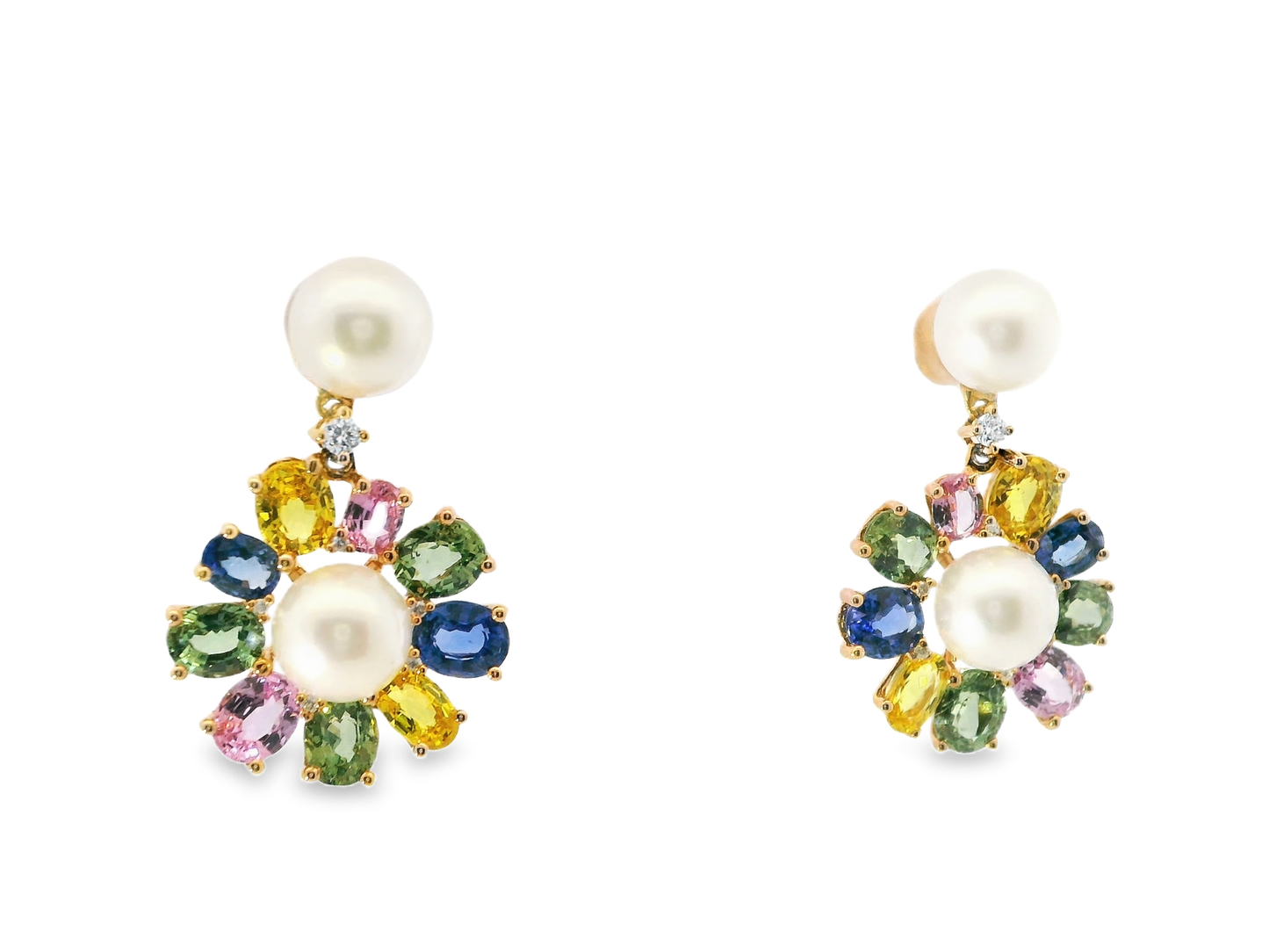 0.09CT Diamond 7.45CT Multi Sapphire 14k Rose Gold Pearl Earring