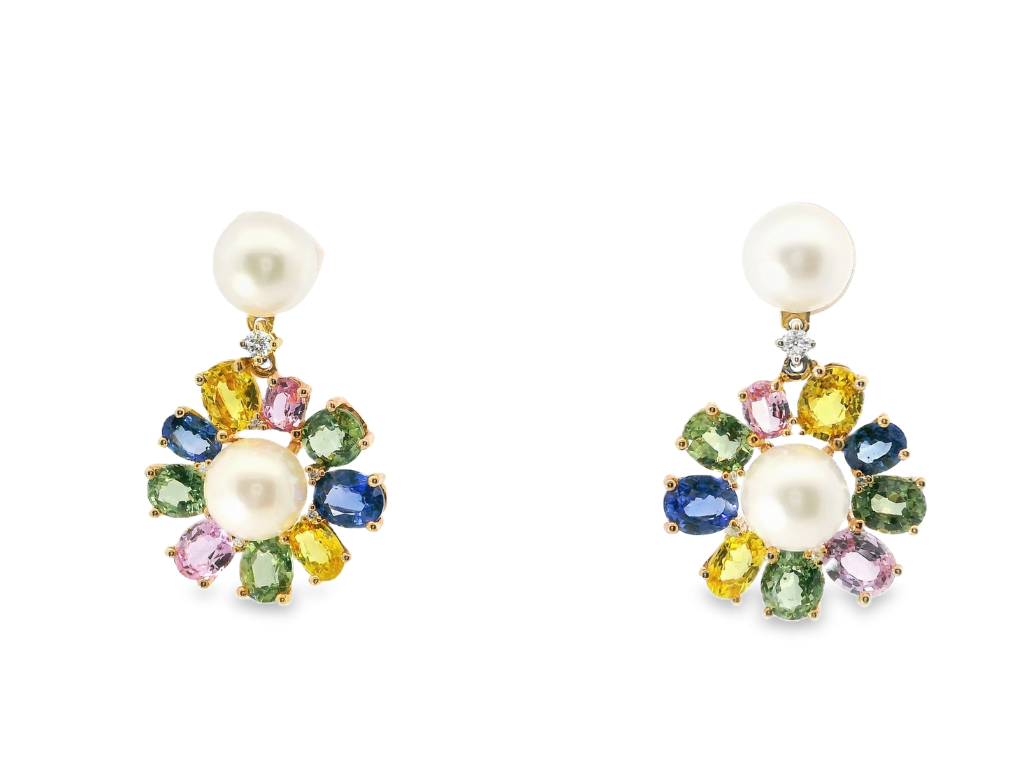 0.09CT Diamond 7.45CT Multi Sapphire 14k Rose Gold Pearl Earring