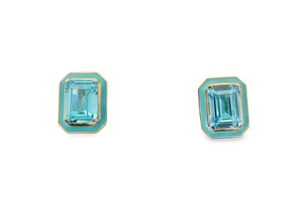 Swiss Blue Topaz Enamel 14k Yellow Gold Earring