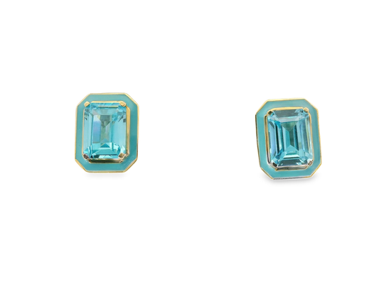 Swiss Blue Topaz Enamel 14k Yellow Gold Earring