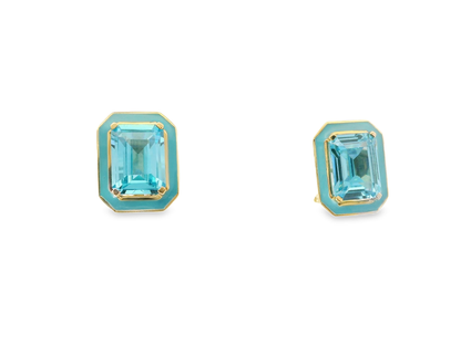 Swiss Blue Topaz Enamel 14k Yellow Gold Earring