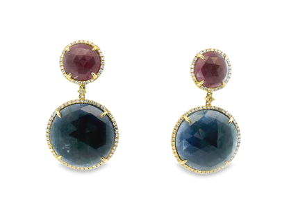 0.80CT Diamond with Ruby & Blue Sapphire 14k Yellow Gold Earring