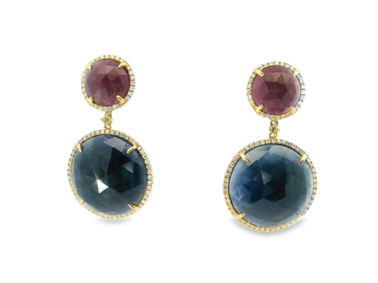 0.80CT Diamond with Ruby & Blue Sapphire 14k Yellow Gold Earring