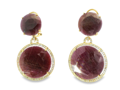 0.58CT Diamond with Ruby  14k Yellow Gold Earring
