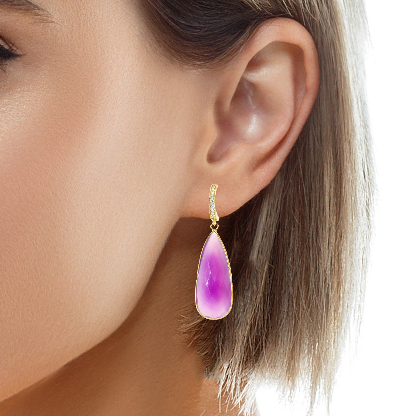 0.15CT Diamond with Purple Agate 14k Yellow Gold Earring