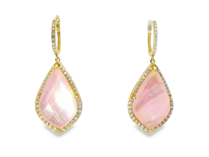 1.30CT Diamond with Faceted Pink Quartz MOP 14k Yellow Gold Earring