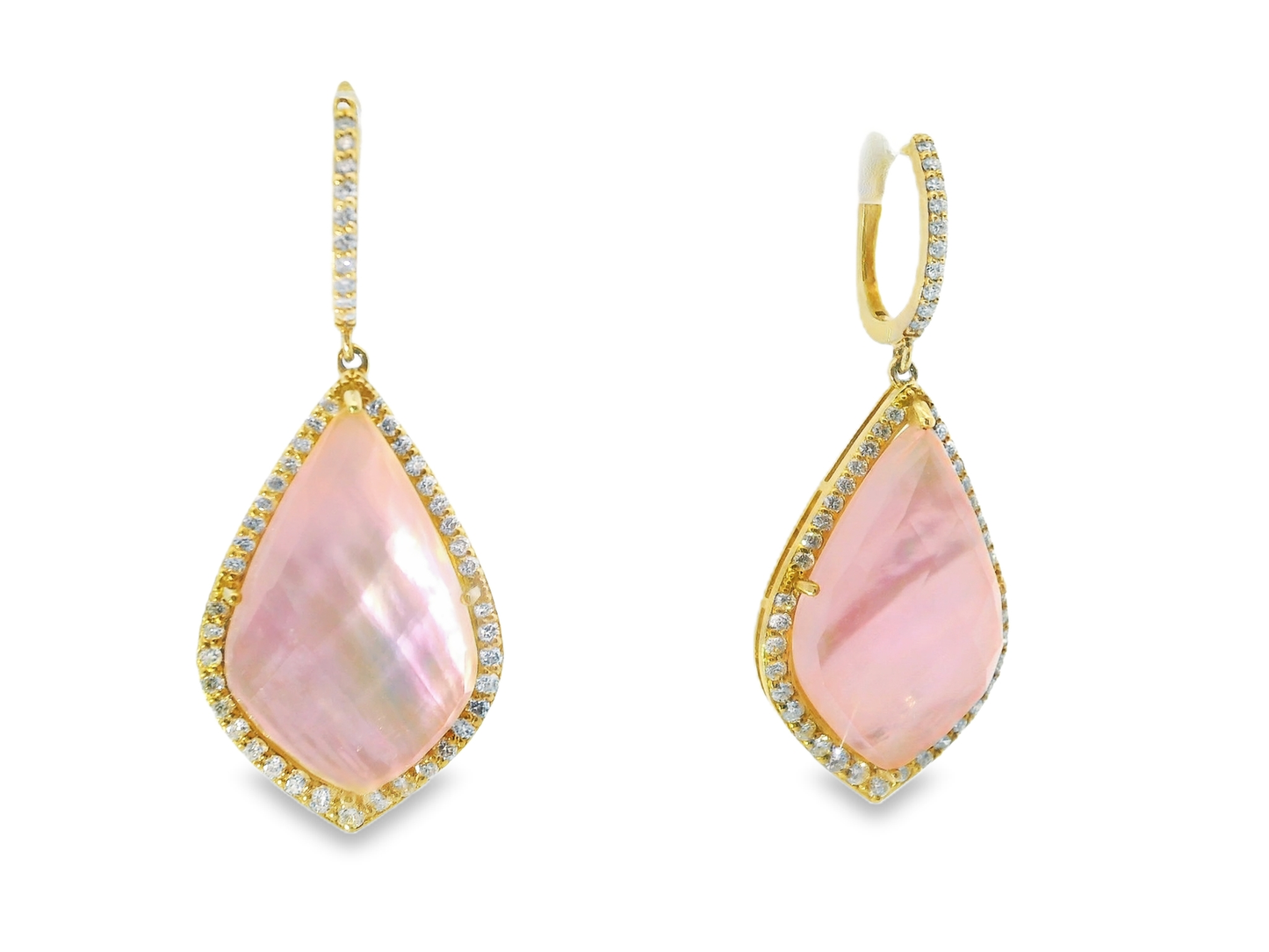 1.30CT Diamond with Faceted Pink Quartz MOP 14k Yellow Gold Earring