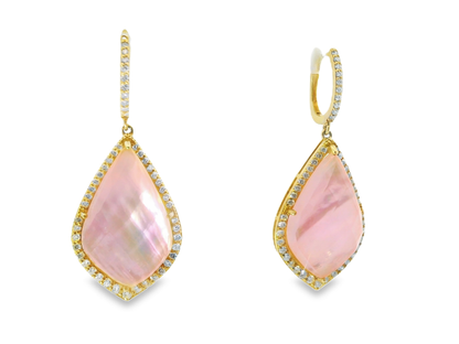1.30CT Diamond with Faceted Pink Quartz MOP 14k Yellow Gold Earring
