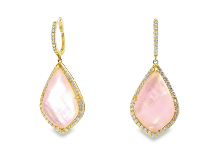 1.30CT Diamond with Faceted Pink Quartz MOP 14k Yellow Gold Earring