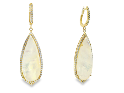 1.18CT Diamond with Rainbow Moon Stone 14k Yellow Gold Earring