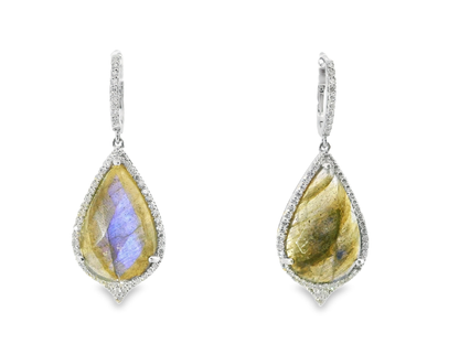 1.10CT Diamond with Faceted Labradorite Stone 14k White Gold Earring