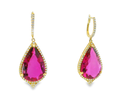 0.92CT Diamond with Rubalite 14k Yellow Gold Earring