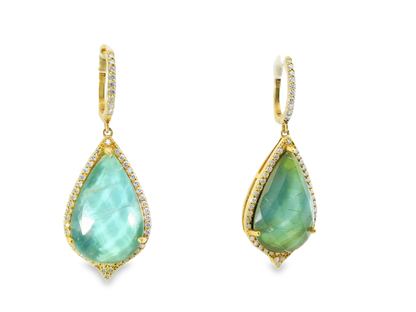 0.88CT Diamond with Faceted  Labradorite 14k Yellow Gold Earring