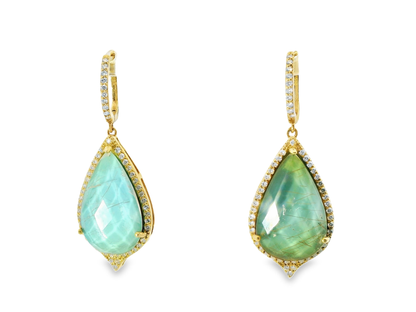 0.88CT Diamond with Faceted  Labradorite 14k Yellow Gold Earring