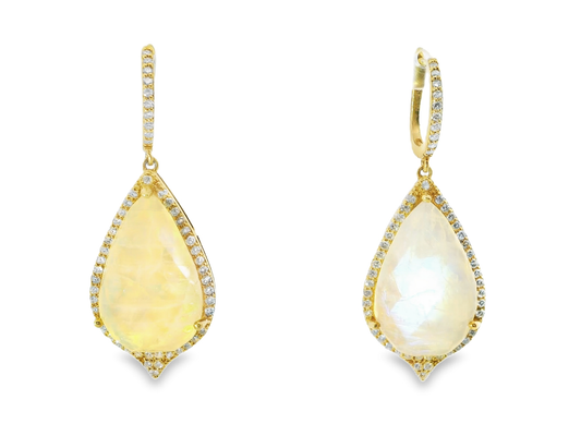 1.10CT Diamond with Faceted Rain Moon 14k Yellow Gold Earring