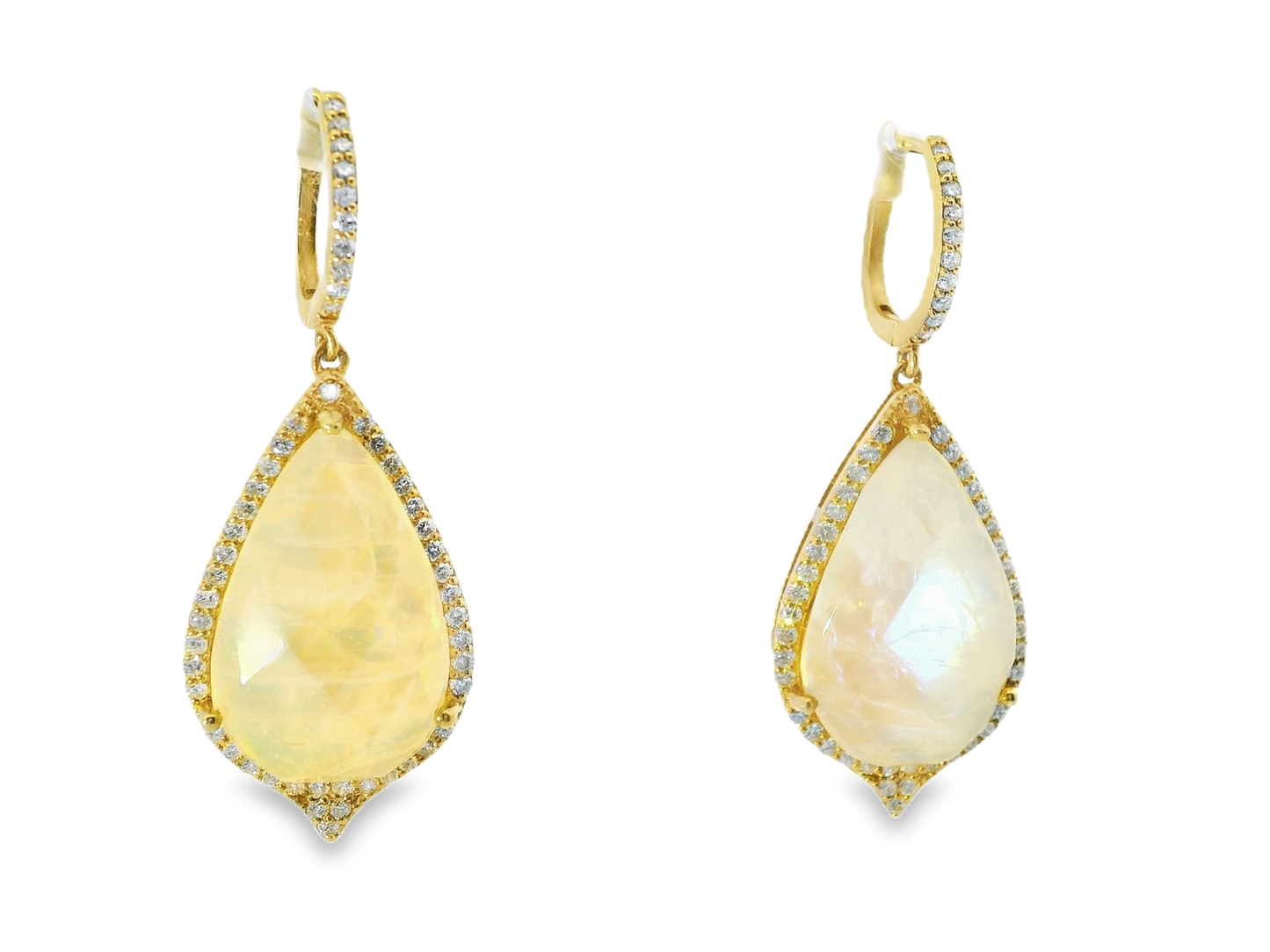 1.10CT Diamond with Faceted Rain Moon 14k Yellow Gold Earring