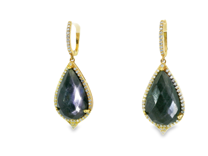 0.96CT Diamond with Faceted Rose de France Hematite Stone 14k Yellow Gold Earring