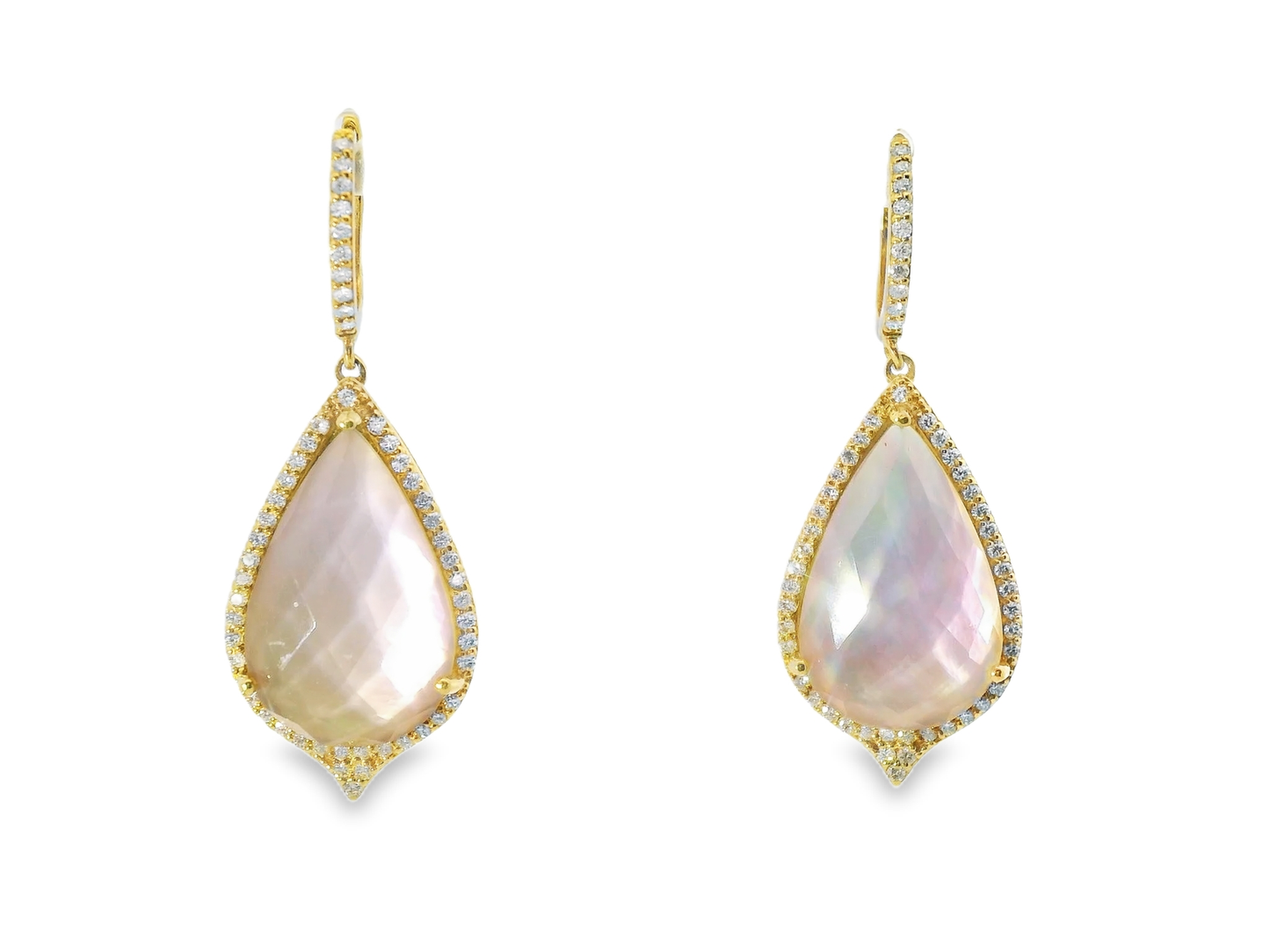 0.96CT Diamond with Faceted Rose de France Pink Stone 14k Yellow Gold Earring