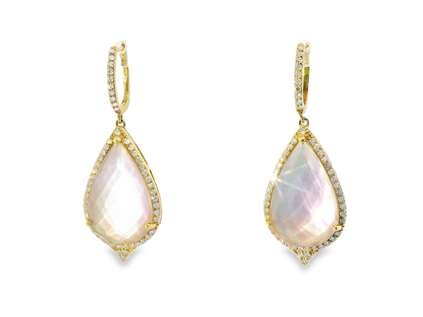 0.96CT Diamond with Faceted Rose de France Pink Stone 14k Yellow Gold Earring