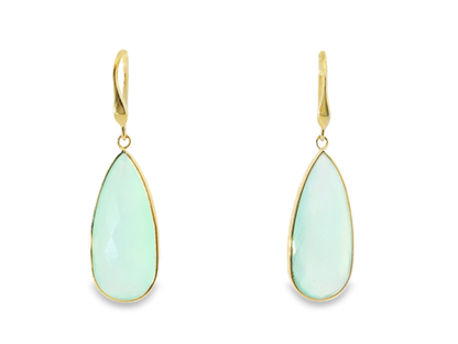 Plain Hoop With Turquoise Chalcedony Stone 14k Yellow Gold Earring