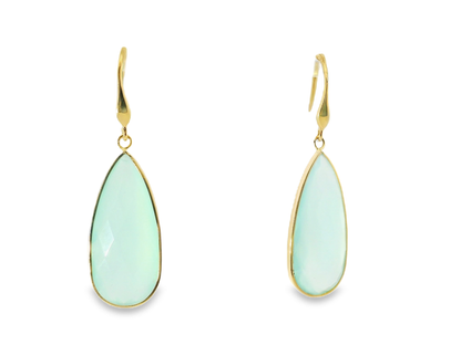 Plain Hoop With Turquoise Chalcedony Stone 14k Yellow Gold Earring
