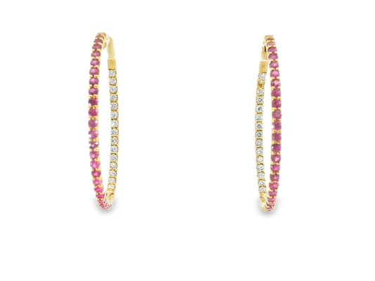0.81CT Diamond 1.87CT Pink Sapphire HOOP 14k Yellow Gold Earring